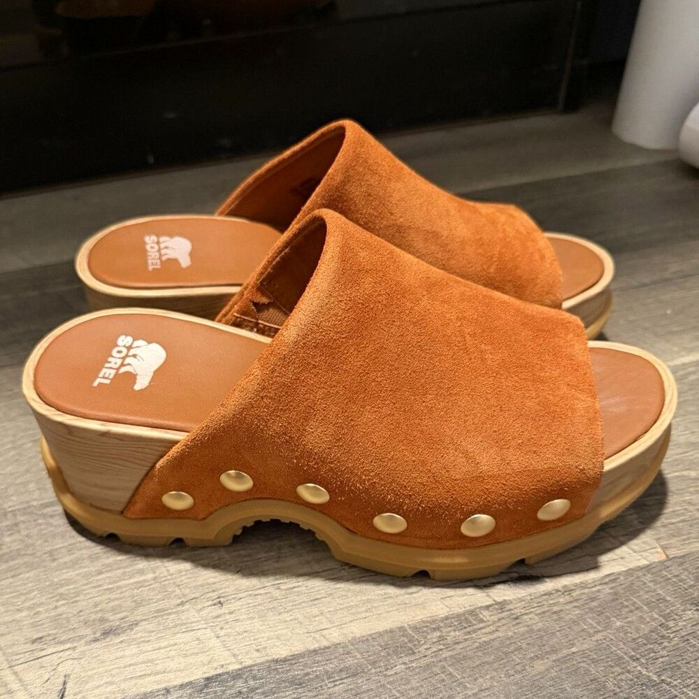 SOREL Roam'N Slide Suede Platform Wedge Sandals Clogs Iced Tea Orange Women's 8
